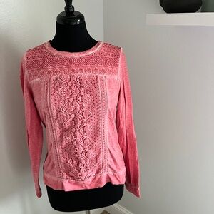 Sundance Pink Crochet Front Long Sleeve Top.